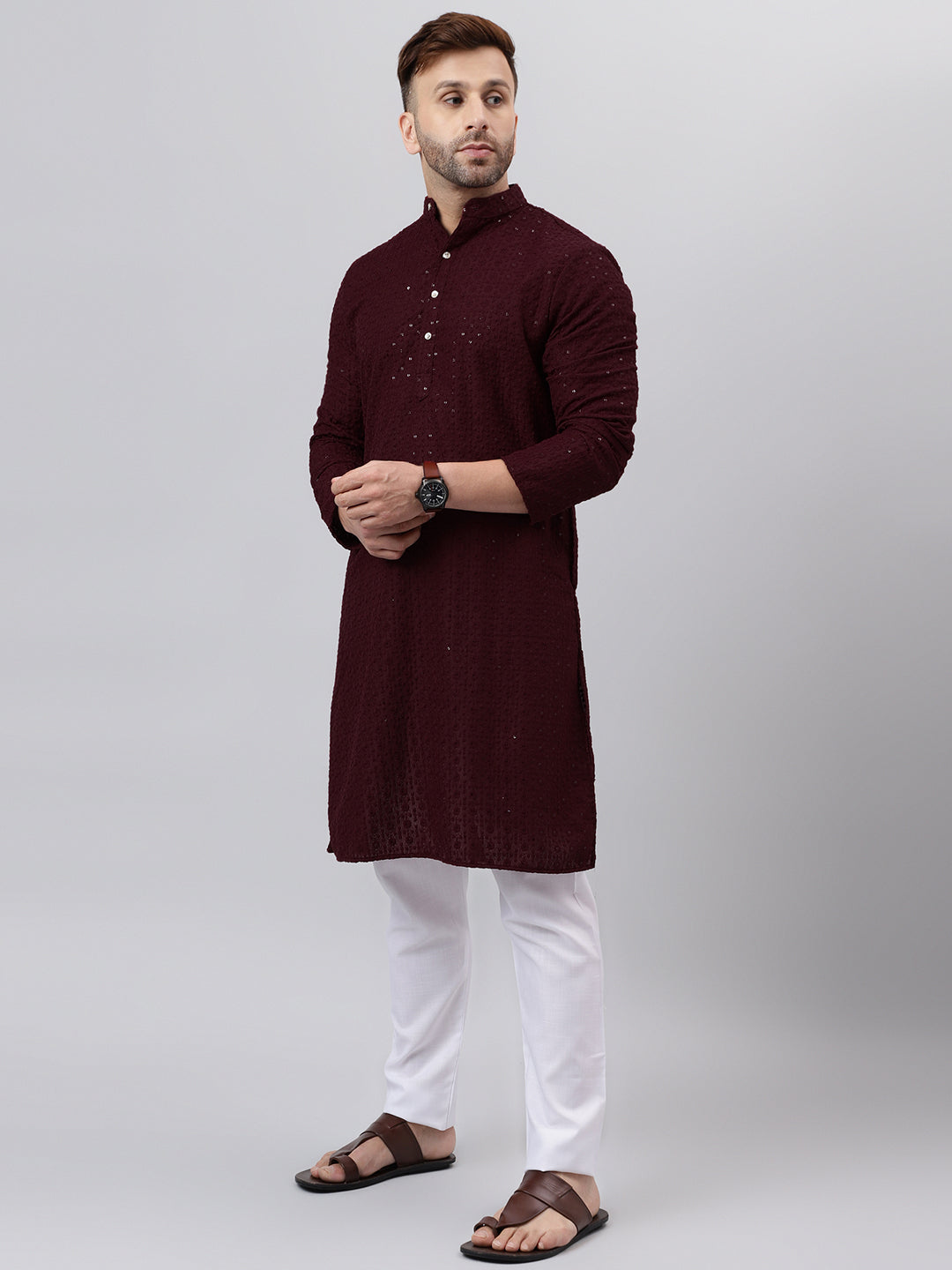 Hangup Men's Ethnic Embroidered Maroon Kurta