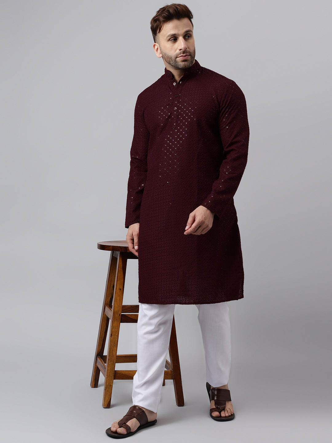 Hangup Men's Ethnic Embroidered Maroon Kurta