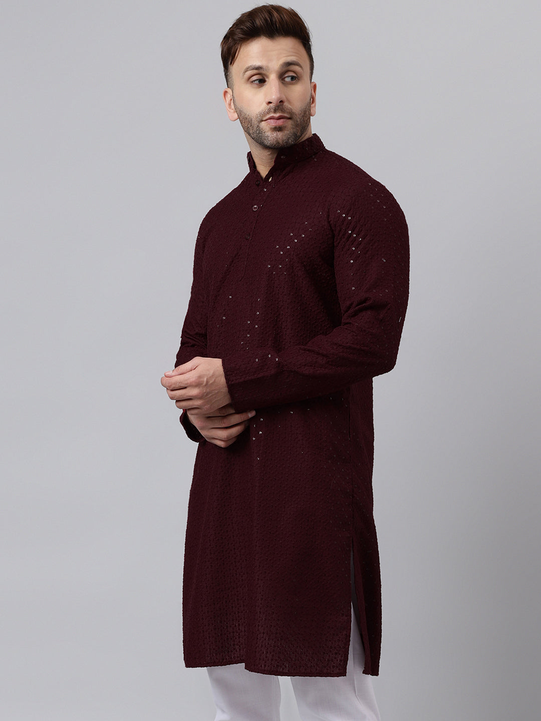 Hangup Men's Ethnic Embroidered Maroon Kurta