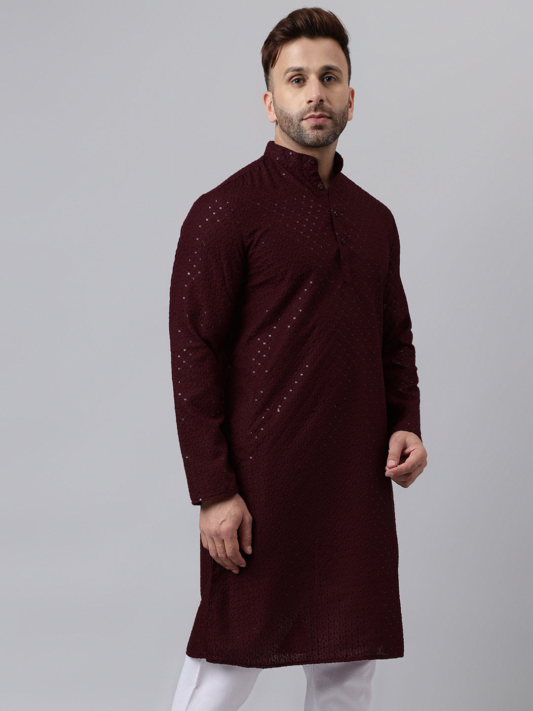 Hangup Men's Ethnic Embroidered Maroon Kurta