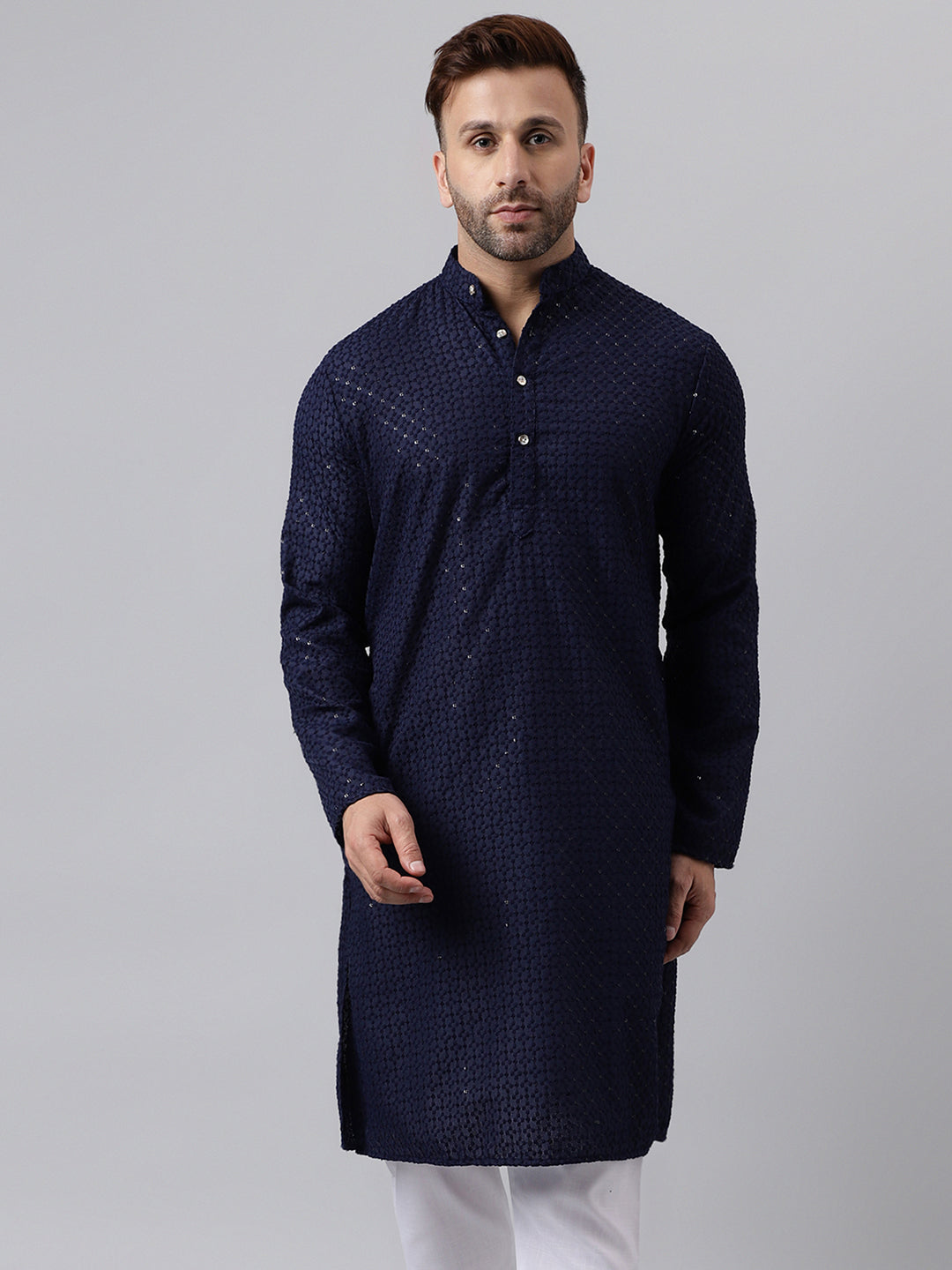 Hangup Men's Ethnic Embroidered Navy Kurta