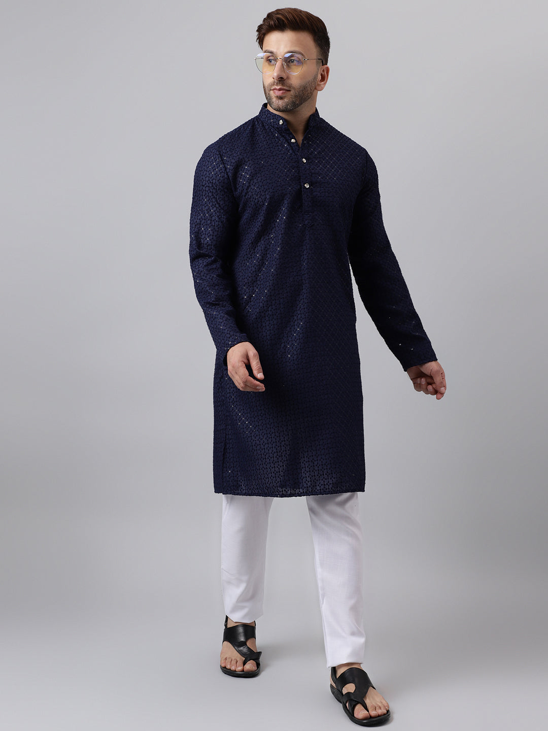 Hangup Men's Ethnic Embroidered Navy Kurta