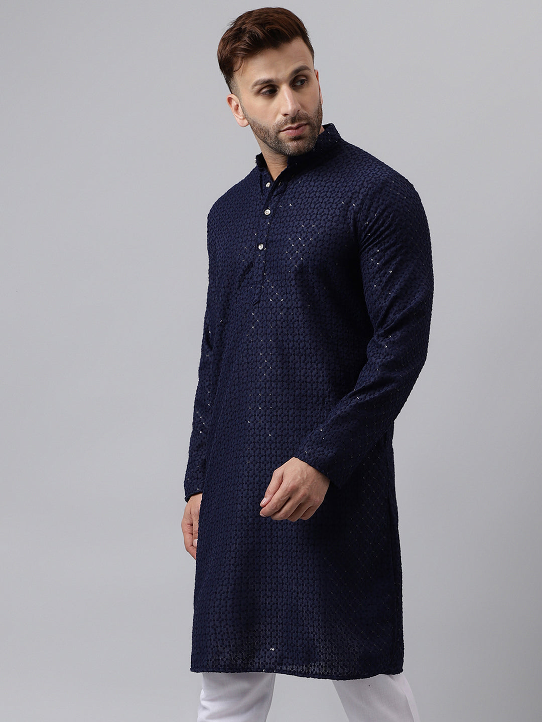 Hangup Men's Ethnic Embroidered Navy Kurta