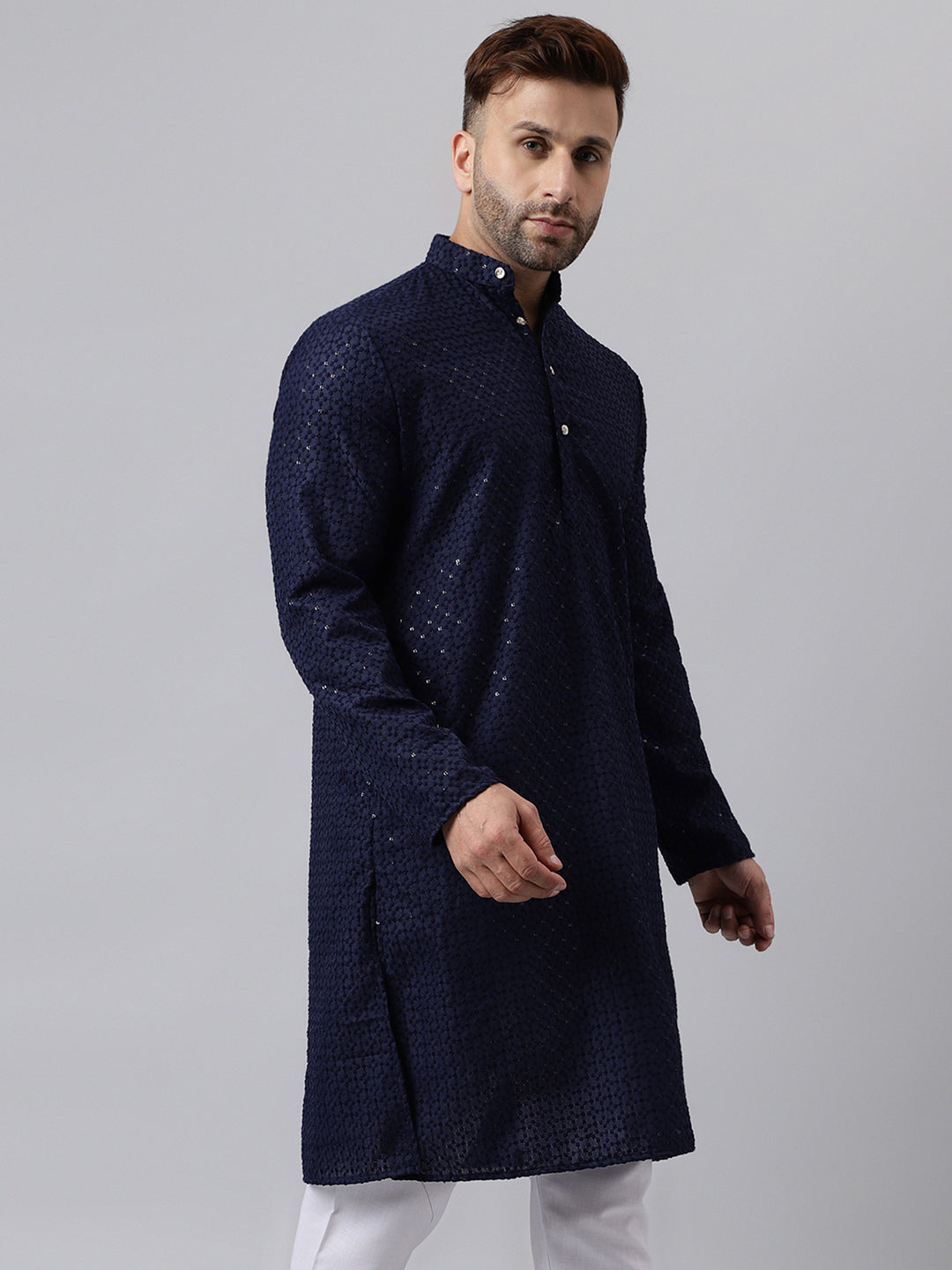 Hangup Men's Ethnic Embroidered Navy Kurta