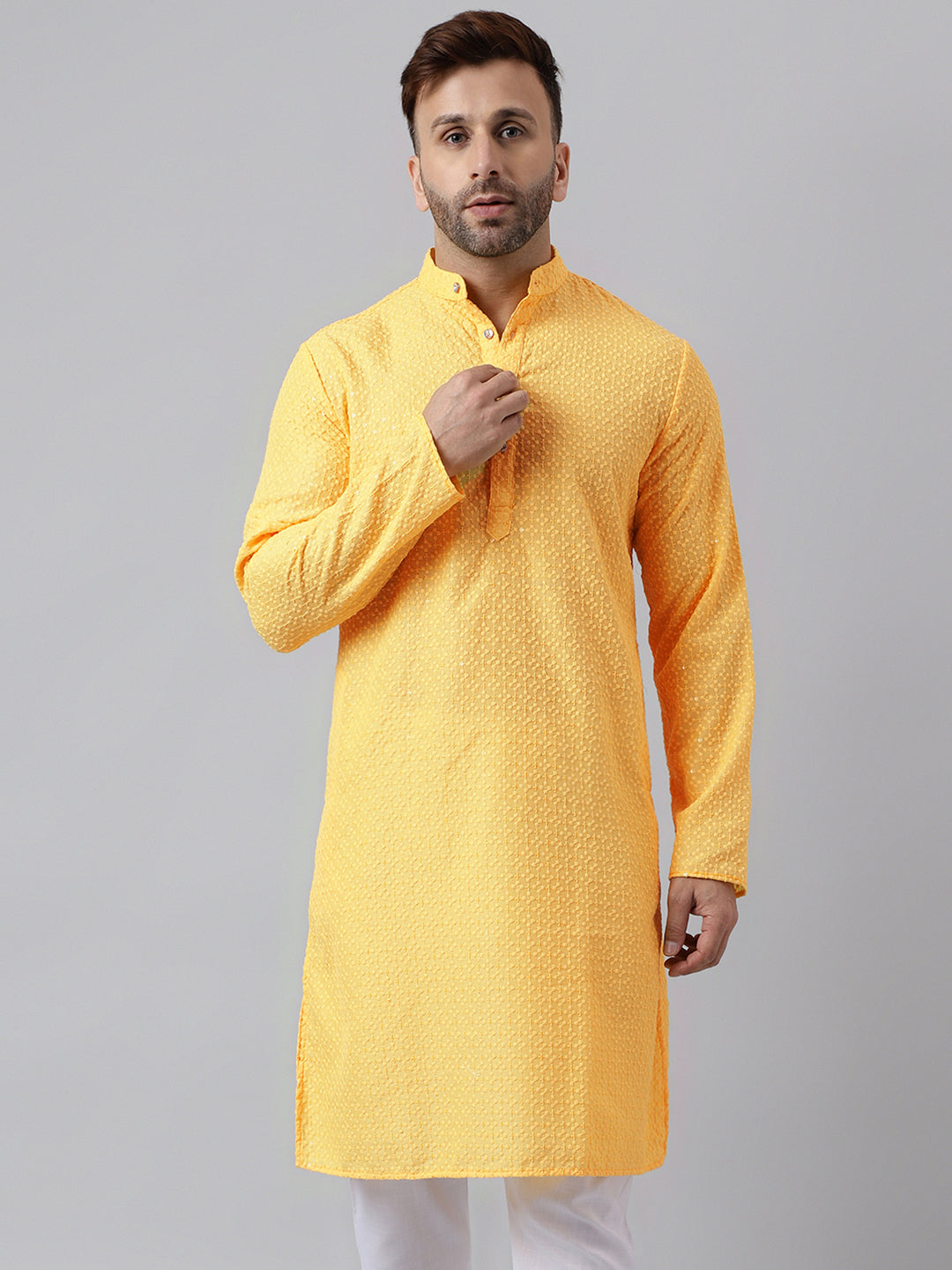 Hangup Men's Ethnic Embroidered Lemon Kurta