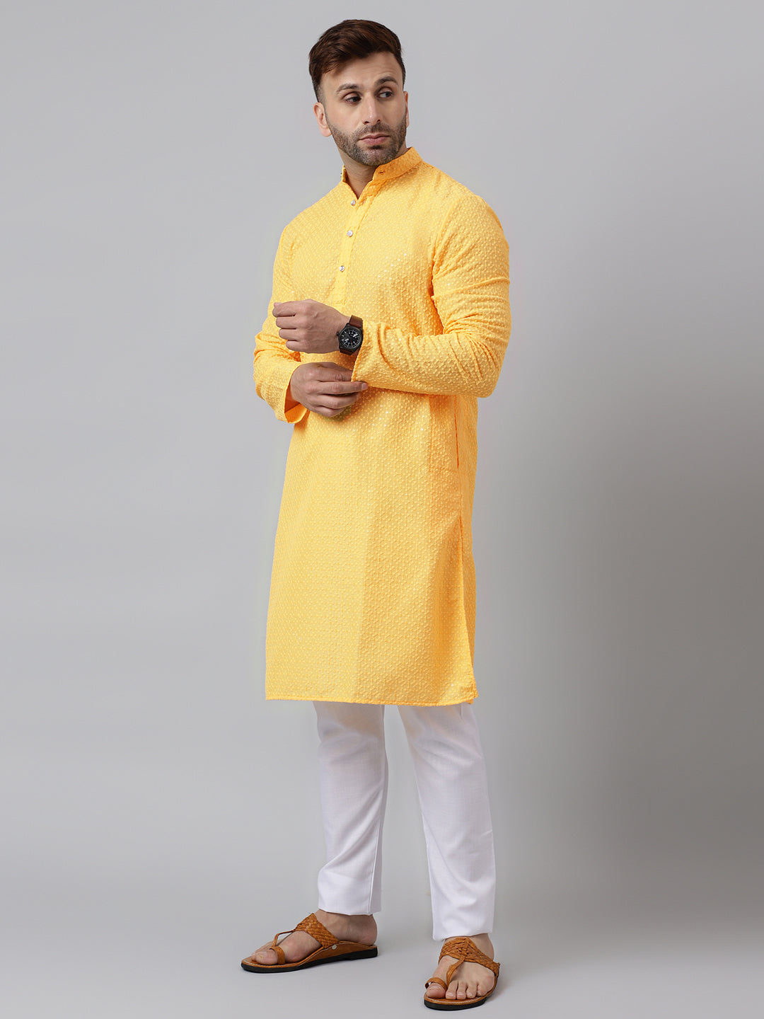 Hangup Men's Ethnic Embroidered Lemon Kurta