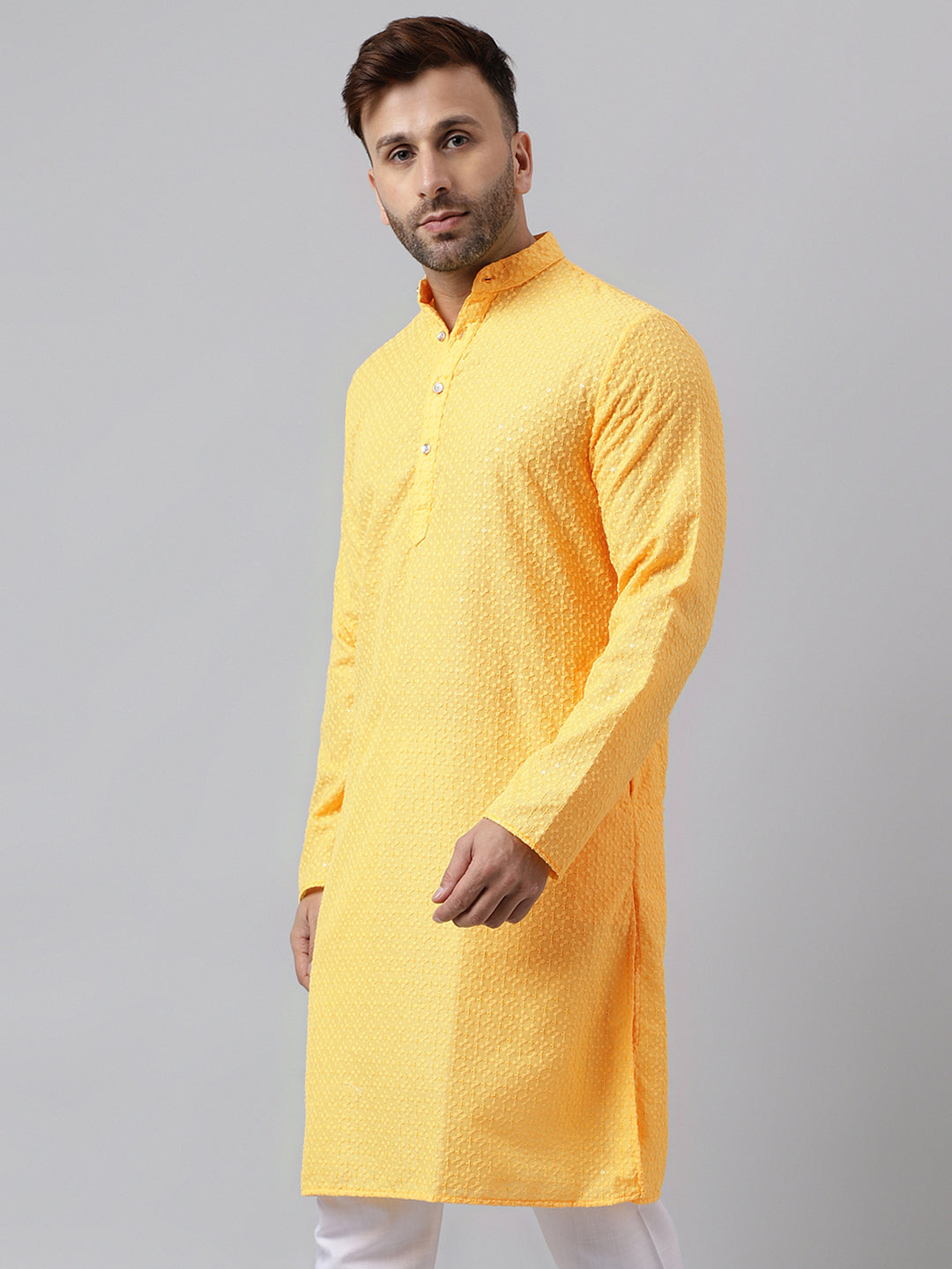 Hangup Men's Ethnic Embroidered Lemon Kurta