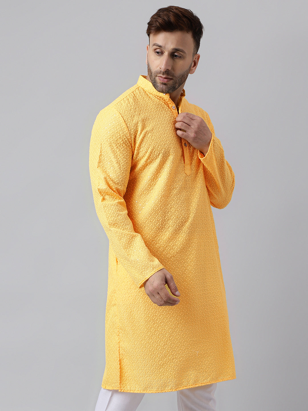 Hangup Men's Ethnic Embroidered Lemon Kurta