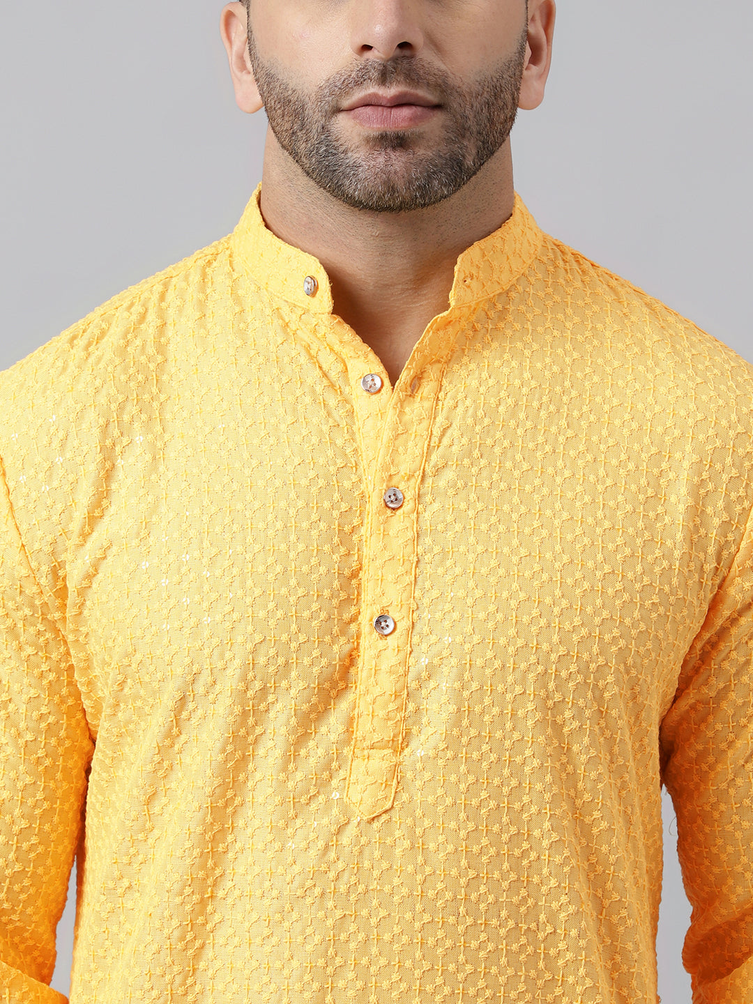 Hangup Men's Ethnic Embroidered Lemon Kurta