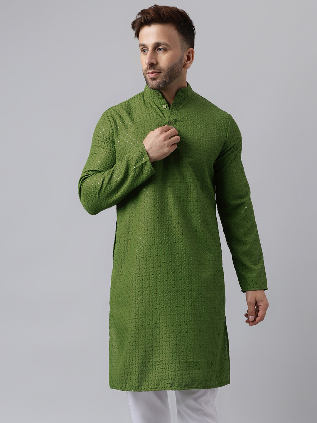 Hangup Men's Ethnic Embroidered Mehandi Green Kurta