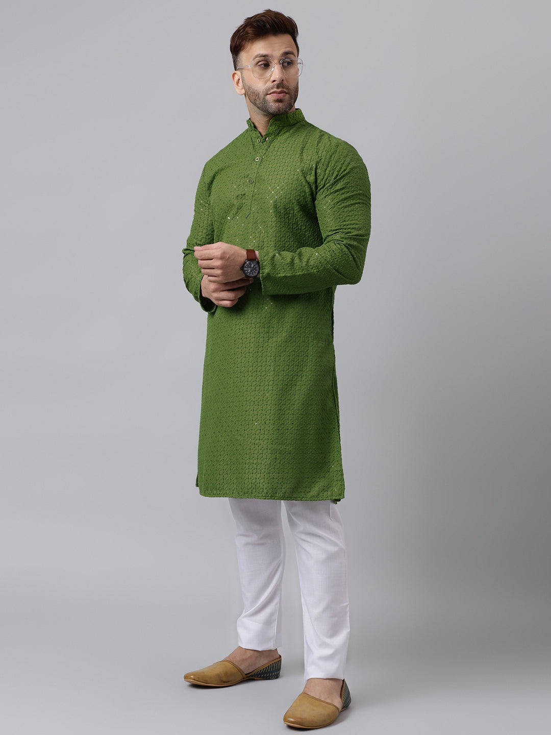 Hangup Men's Ethnic Embroidered Mehandi Green Kurta