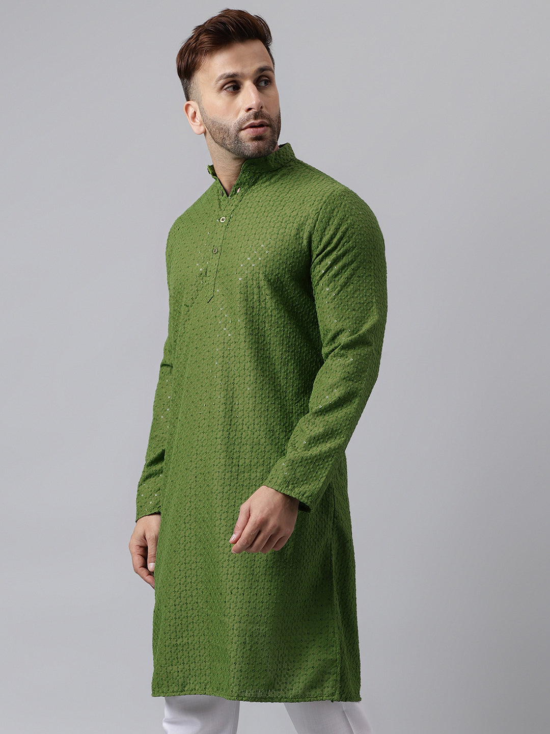 Hangup Men's Ethnic Embroidered Mehandi Green Kurta