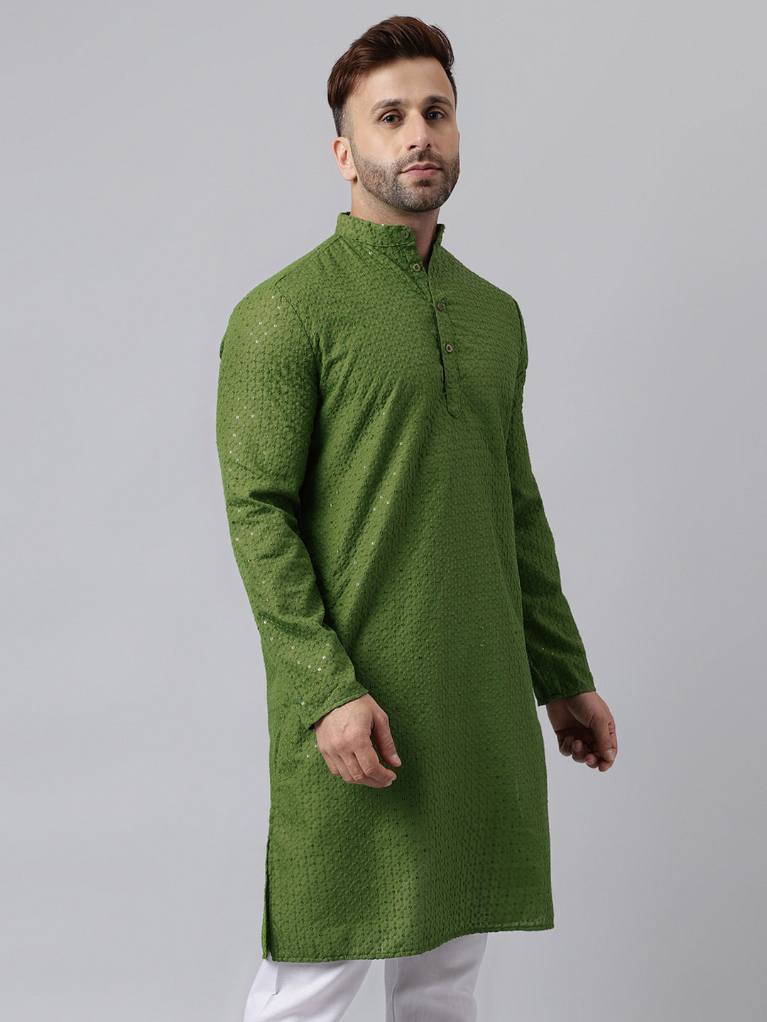 Hangup Men's Ethnic Embroidered Mehandi Green Kurta