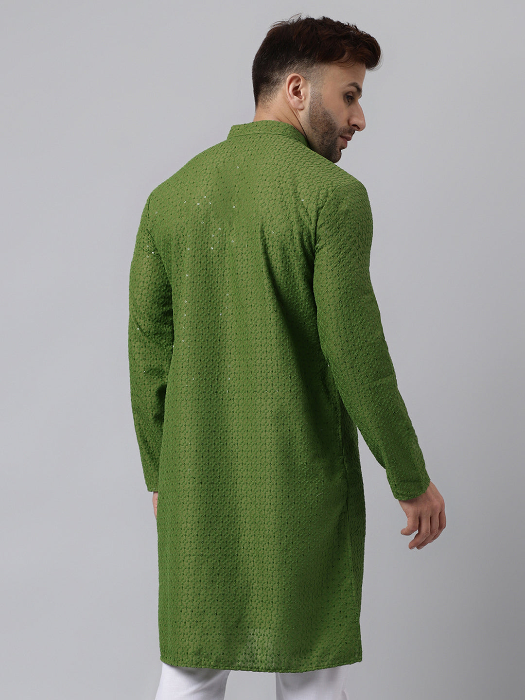 Hangup Men's Ethnic Embroidered Mehandi Green Kurta