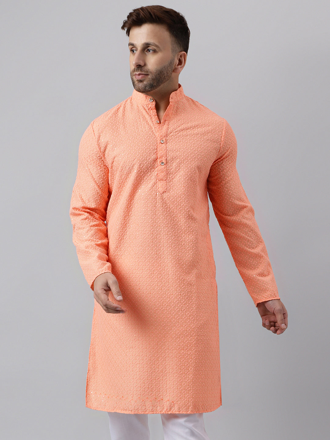 Hangup Men's Ethnic Embroidered Peach Kurta