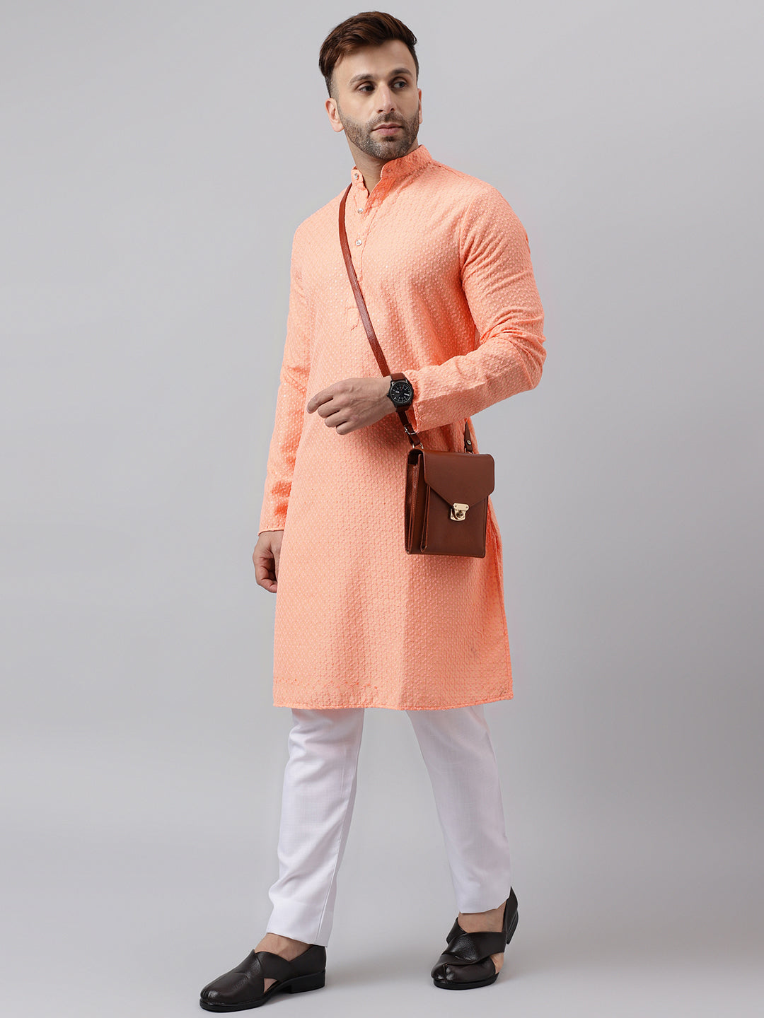 Hangup Men's Ethnic Embroidered Peach Kurta