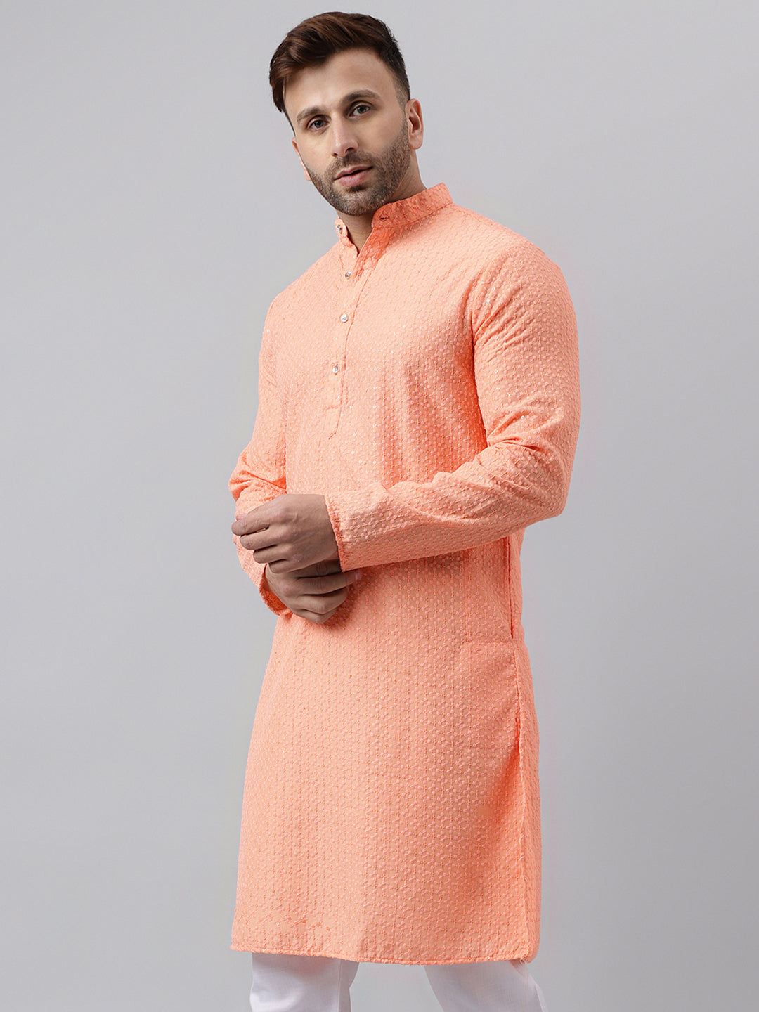 Hangup Men's Ethnic Embroidered Peach Kurta