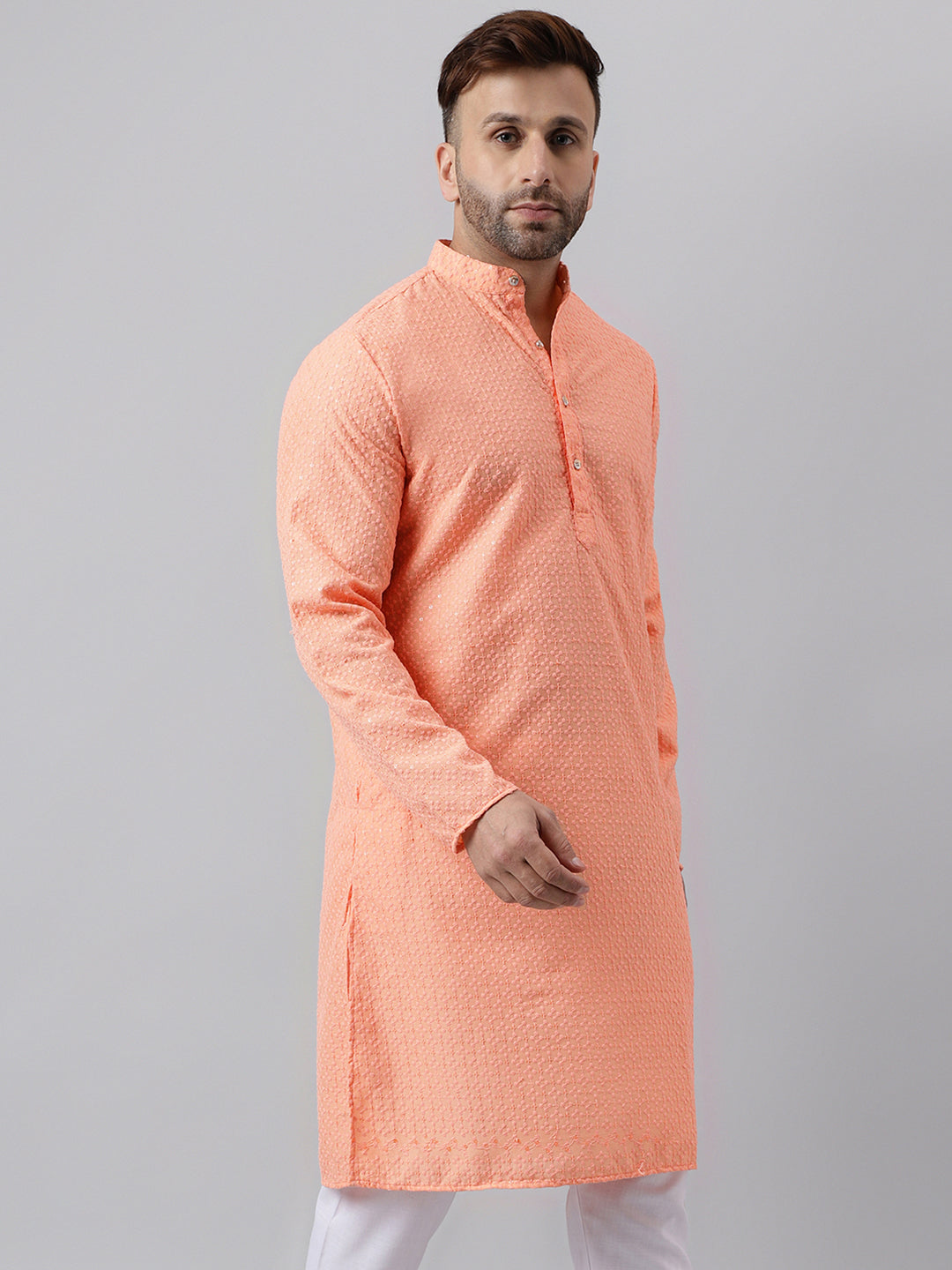 Hangup Men's Ethnic Embroidered Peach Kurta