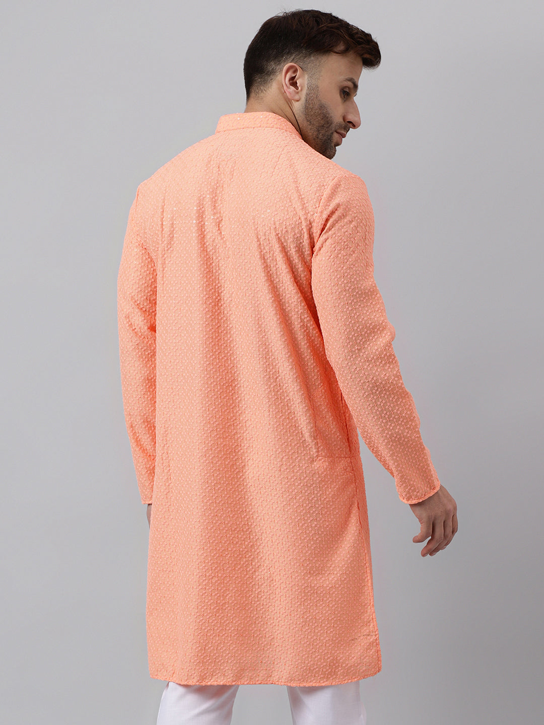 Hangup Men's Ethnic Embroidered Peach Kurta