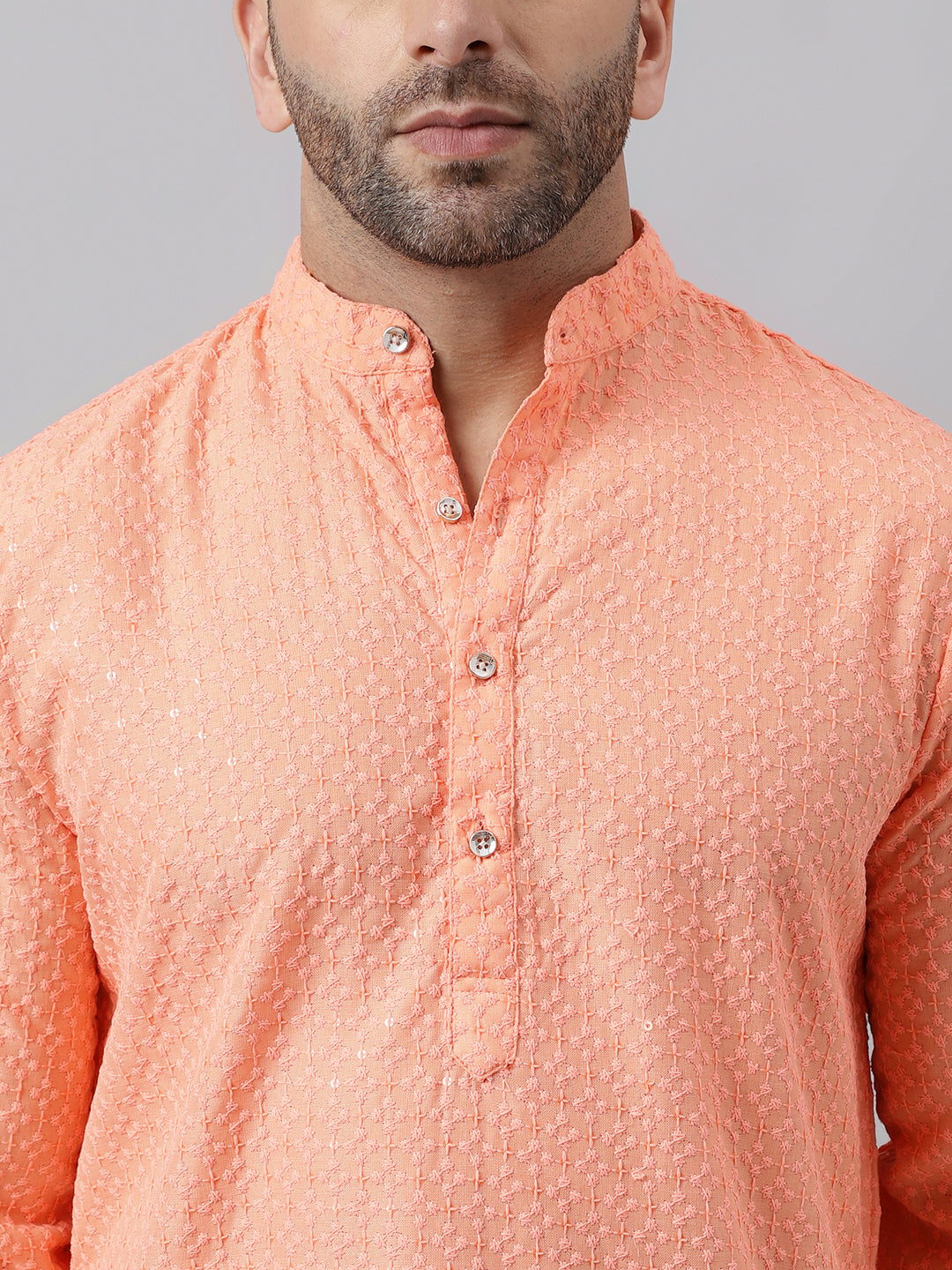 Hangup Men's Ethnic Embroidered Peach Kurta