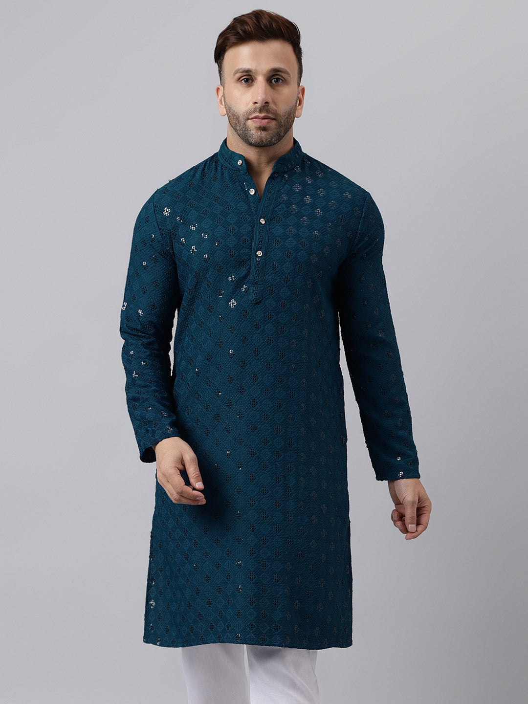 Hangup Men's Ethnic Embroidered Green Kurta