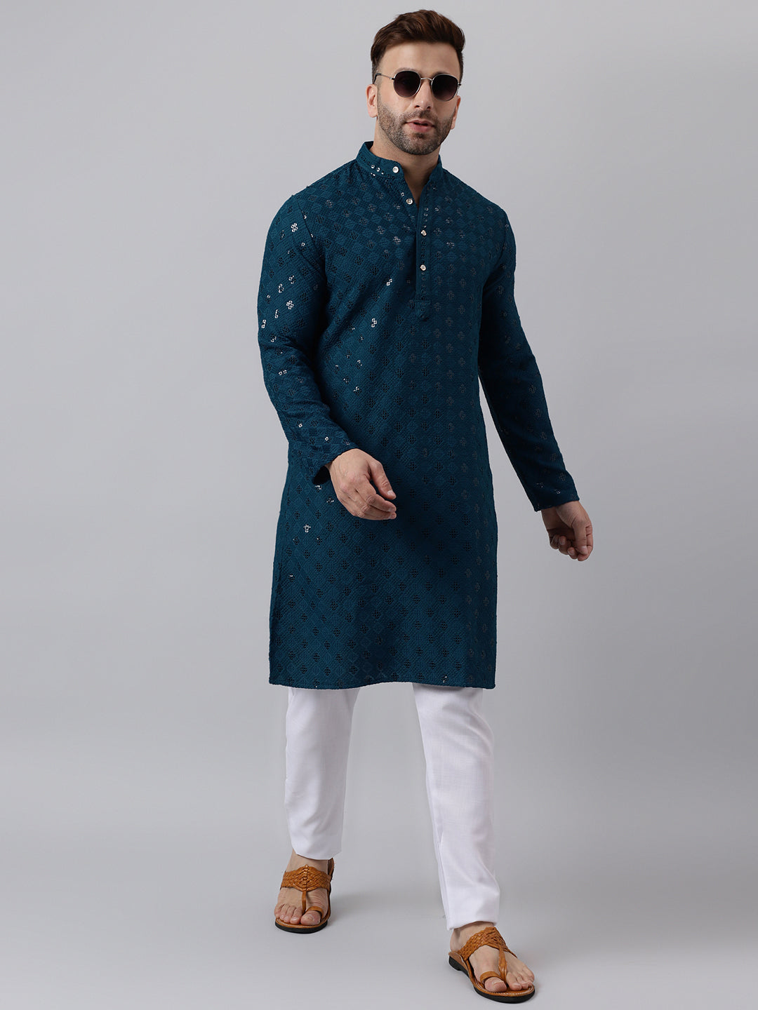 Hangup Men's Ethnic Embroidered Green Kurta