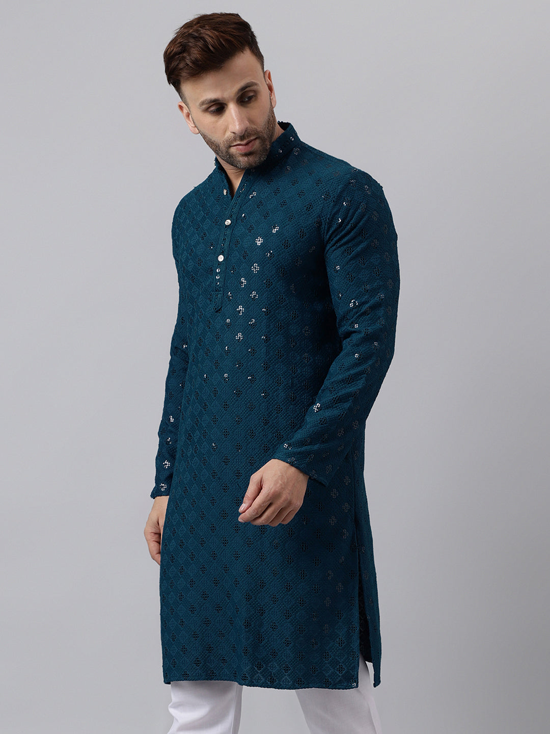 Hangup Men's Ethnic Embroidered Green Kurta