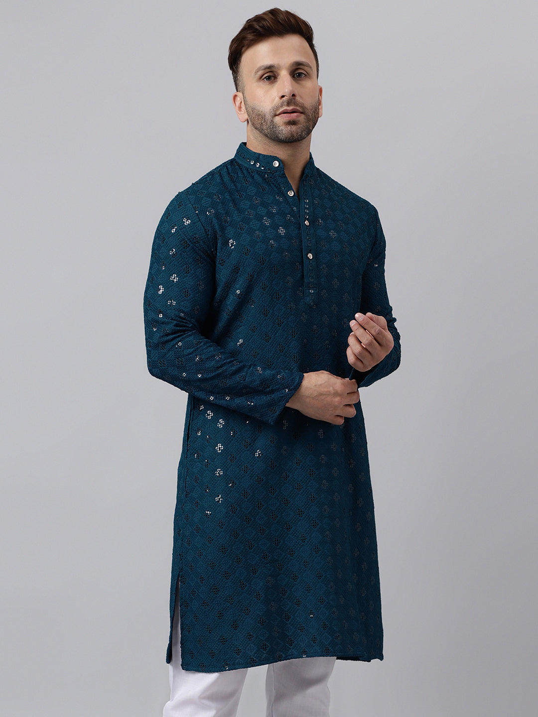 Hangup Men's Ethnic Embroidered Green Kurta