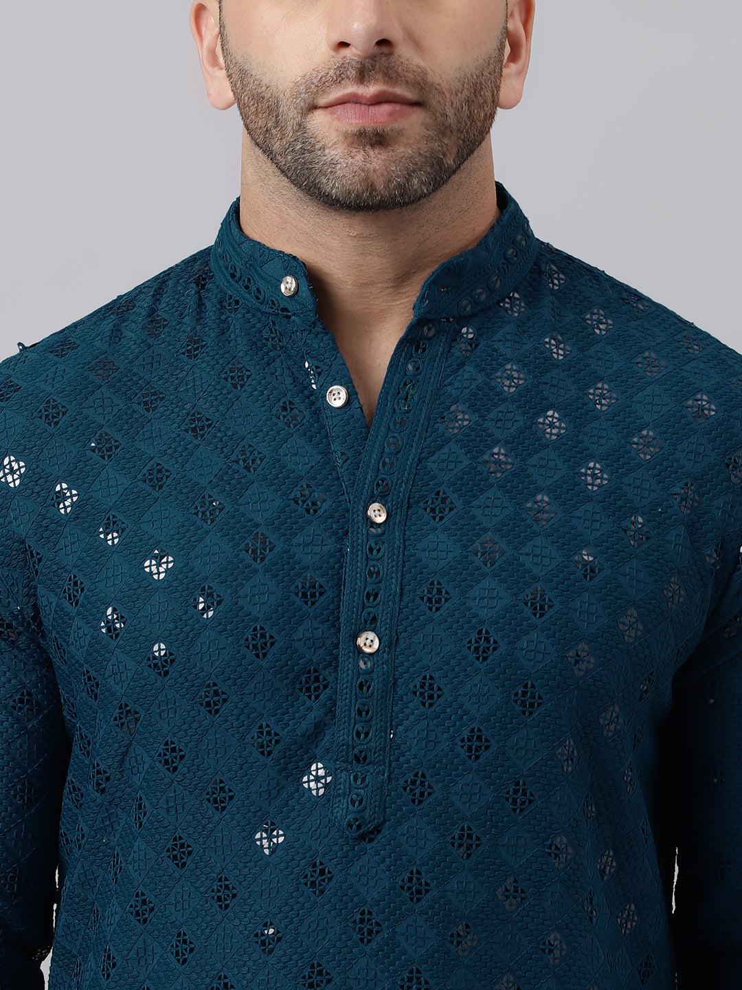 Hangup Men's Ethnic Embroidered Green Kurta