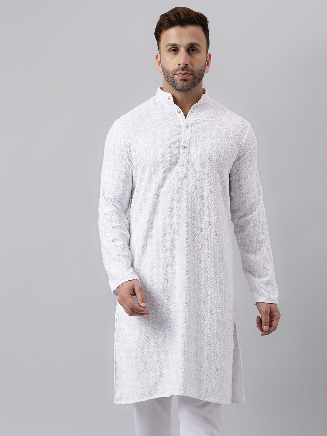 Hangup Men's Ethnic Embroidered White Kurta