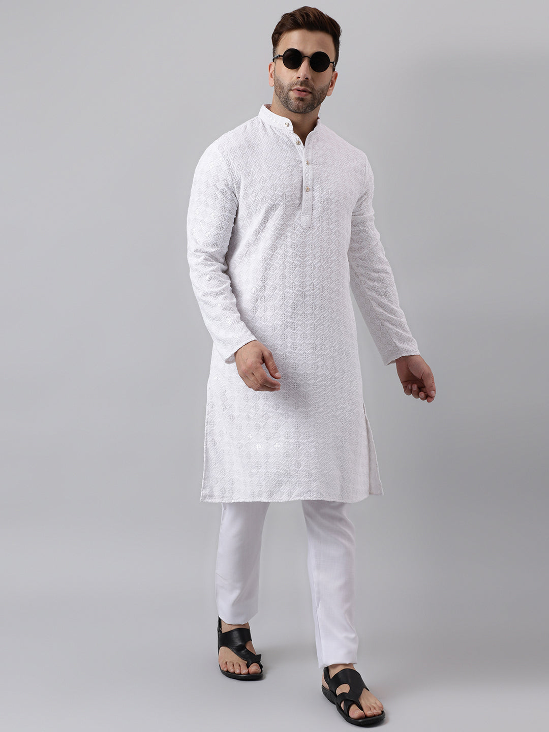 Hangup Men's Ethnic Embroidered White Kurta