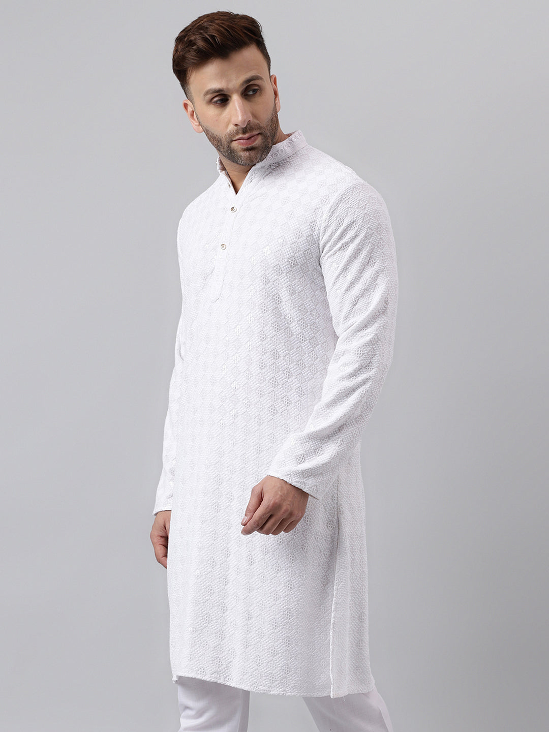 Hangup Men's Ethnic Embroidered White Kurta