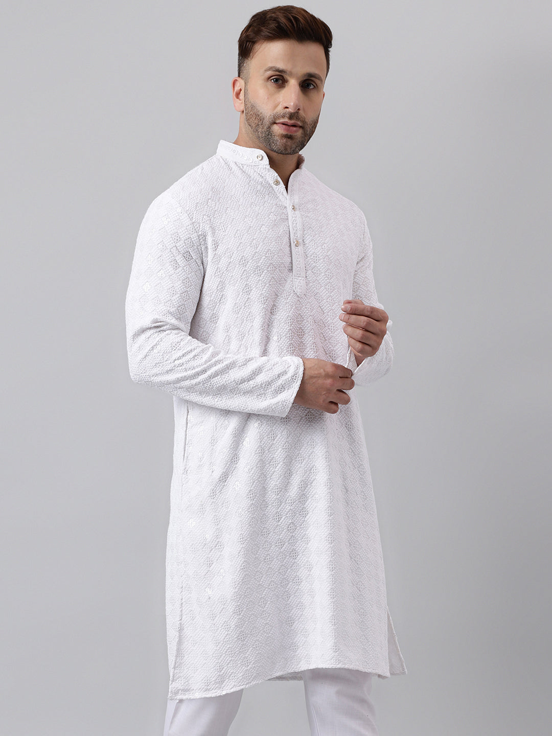 Hangup Men's Ethnic Embroidered White Kurta