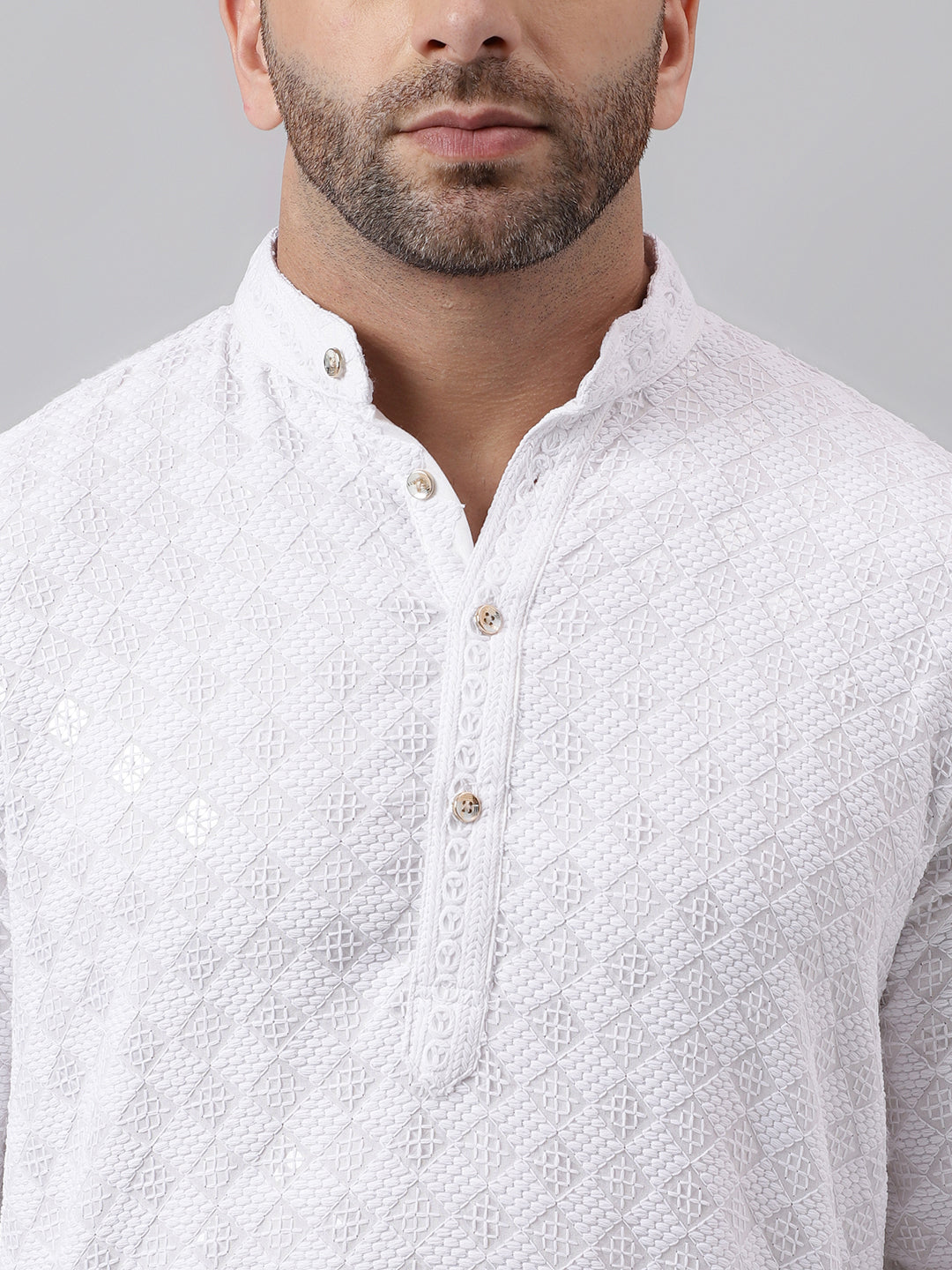 Hangup Men's Ethnic Embroidered White Kurta