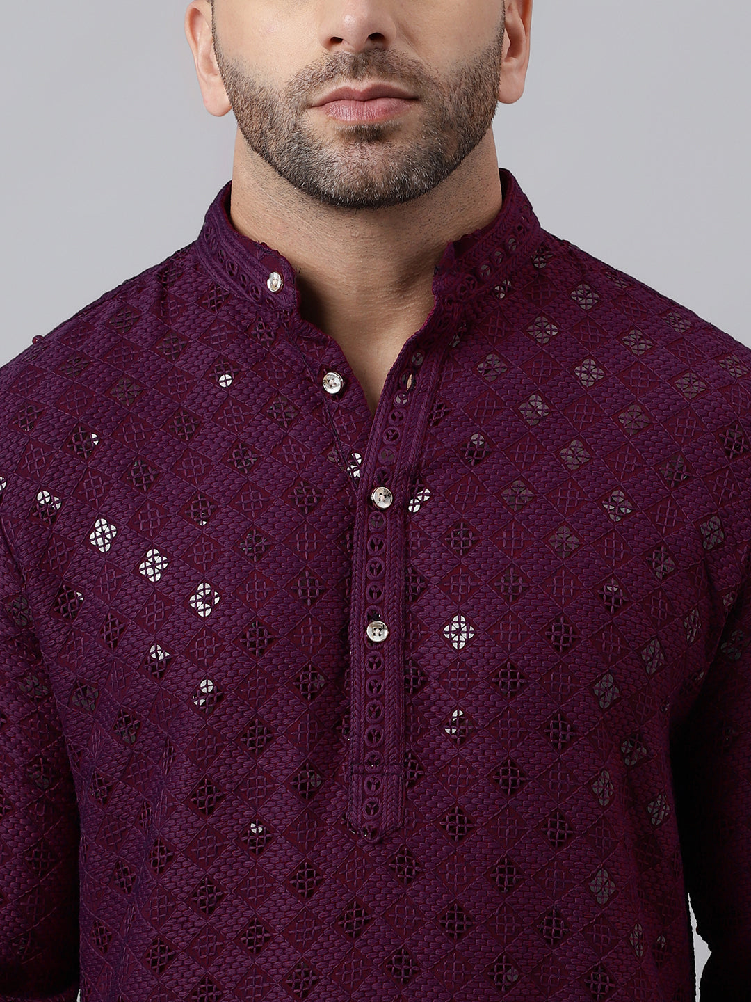 Hangup Men's Ethnic Embroidered Maroon Kurta