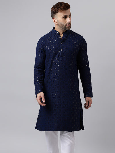 Hangup Men's Ethnic Embroidered Navy Kurta