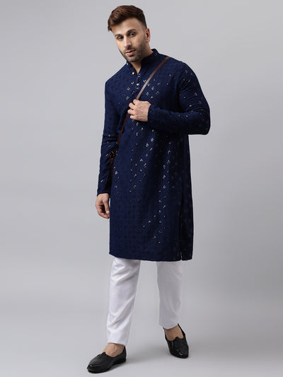 Hangup Men's Ethnic Embroidered Navy Kurta