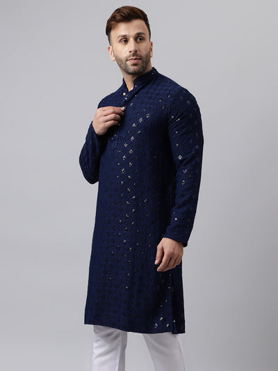 Hangup Men's Ethnic Embroidered Navy Kurta