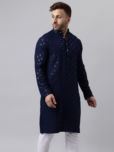 Hangup Men's Ethnic Embroidered Navy Kurta