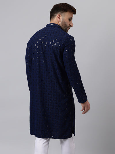 Hangup Men's Ethnic Embroidered Navy Kurta