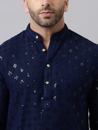 Hangup Men's Ethnic Embroidered Navy Kurta