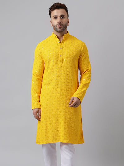 Hangup Men's Ethnic Embroidered Lemon Kurta