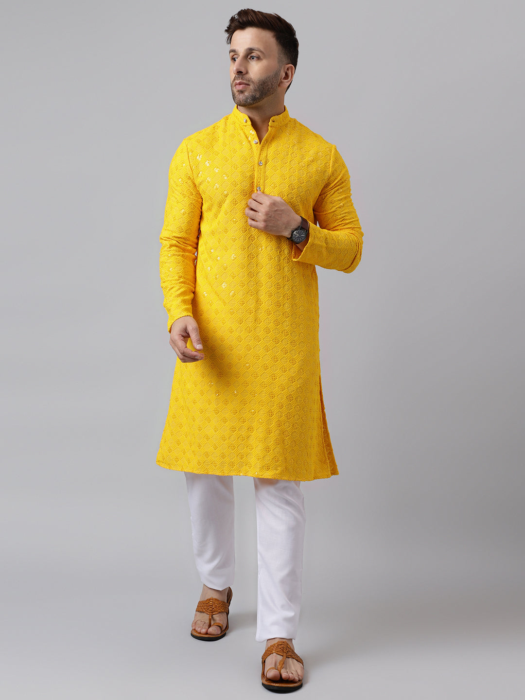 Hangup Men's Ethnic Embroidered Lemon Kurta