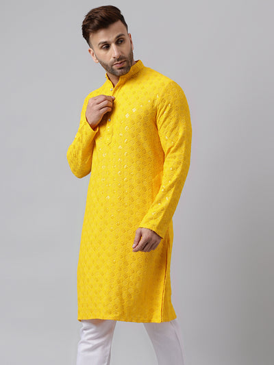 Hangup Men's Ethnic Embroidered Lemon Kurta