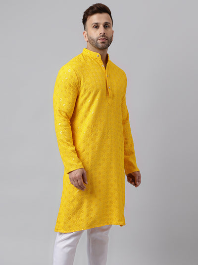 Hangup Men's Ethnic Embroidered Lemon Kurta