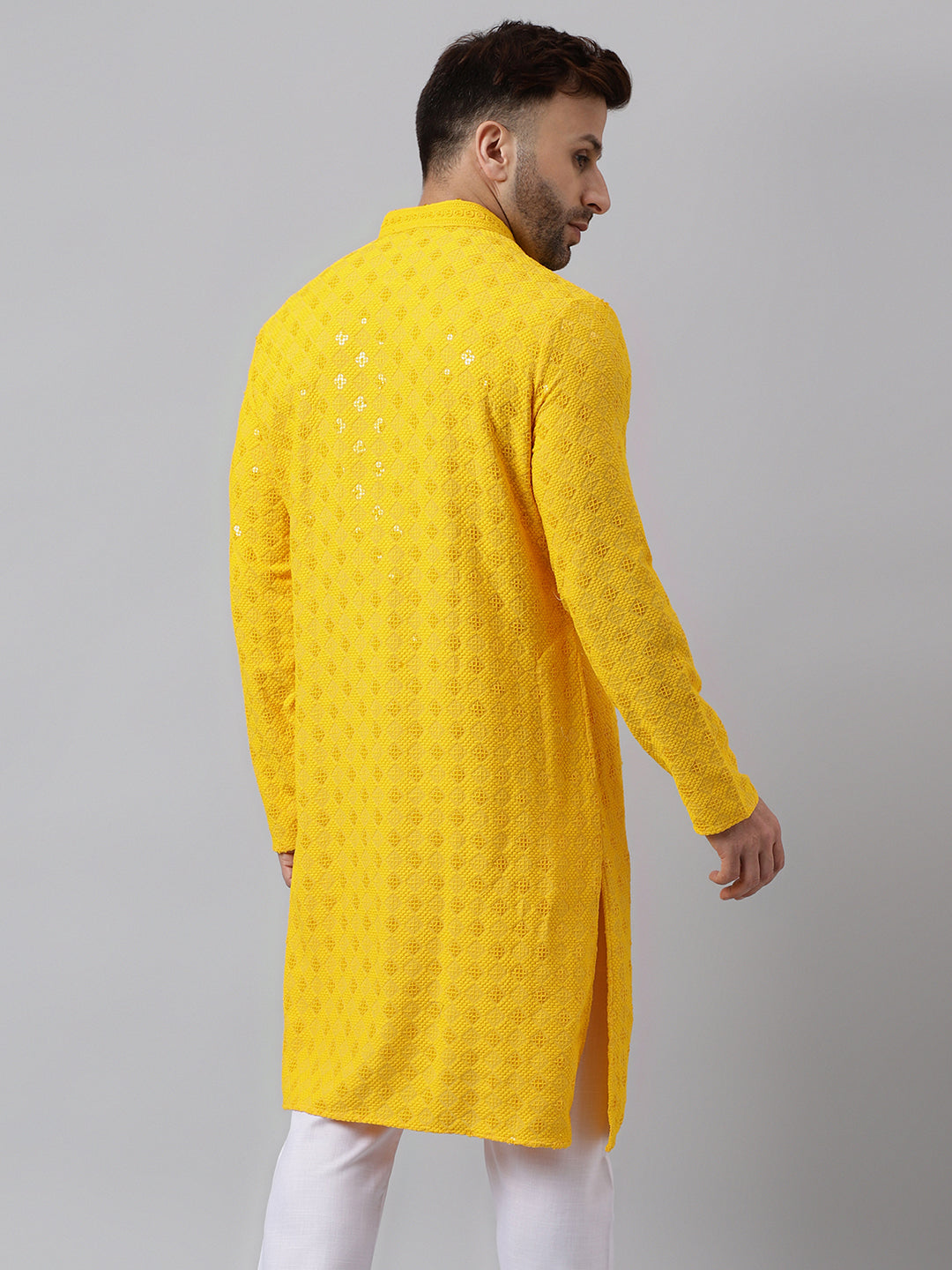 Hangup Men's Ethnic Embroidered Lemon Kurta