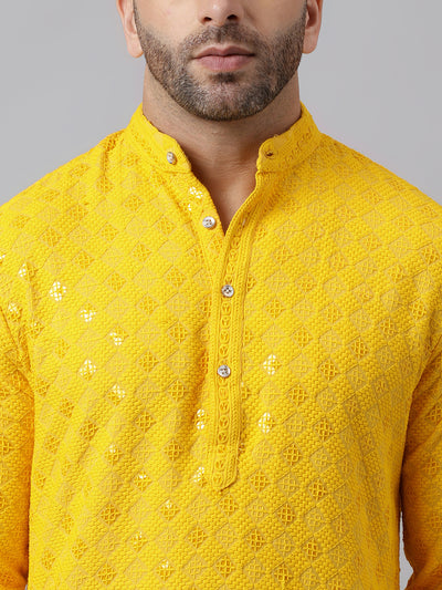 Hangup Men's Ethnic Embroidered Lemon Kurta