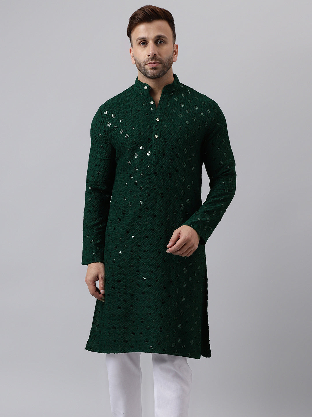 Hangup Men's Ethnic Embroidered Green Kurta