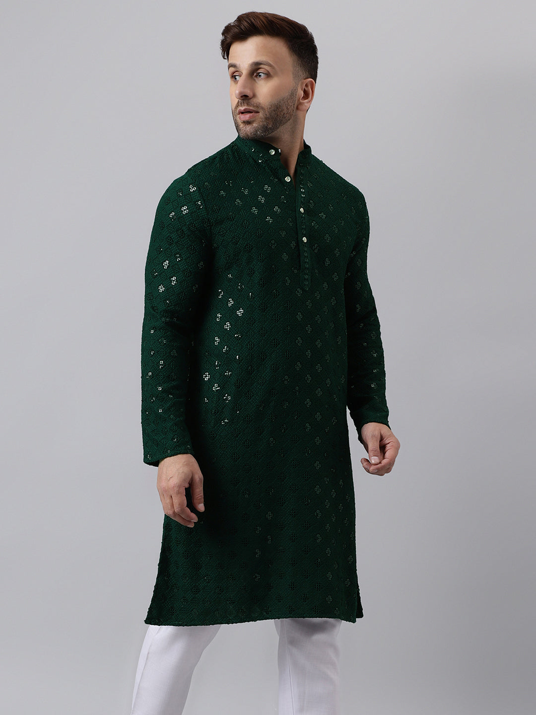 Hangup Men's Ethnic Embroidered Green Kurta