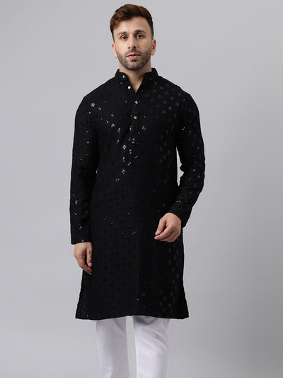 Hangup Men's Ethnic Embroidered Black Kurta